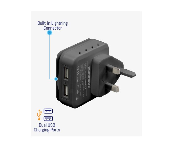 Promate SmartPlug-LT 4.4A Fast Wall Charger with Dual USB Port, Black - Zoom Image 5