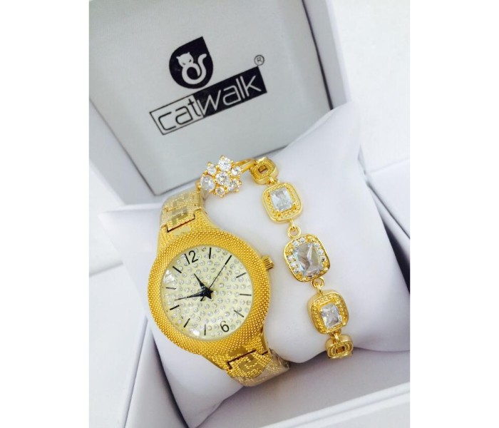 Catwalk CW-1200P Genuine Quality Fashionable Cz Womens Watch with Beauty Bracelet and Ring Gold - Zoom Image