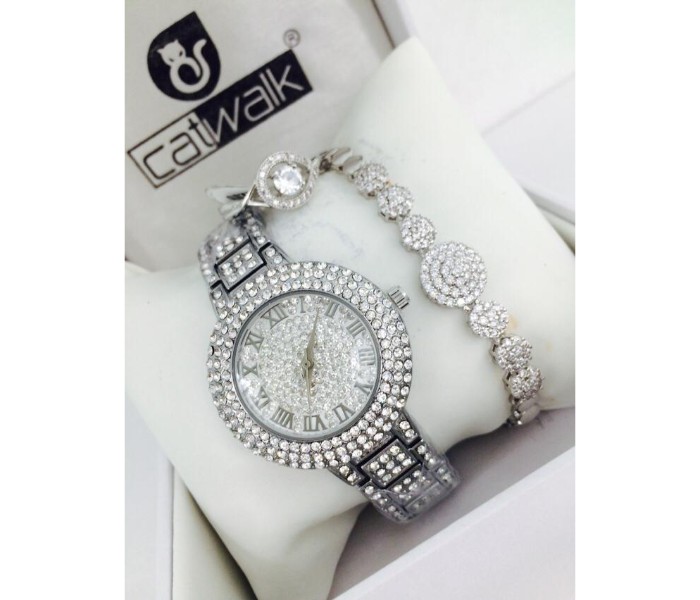 Catwalk CW-2100P Genuine Quality Fashionable Cz Womens Watch with Beauty Bracelet and Ring Silver - Zoom Image