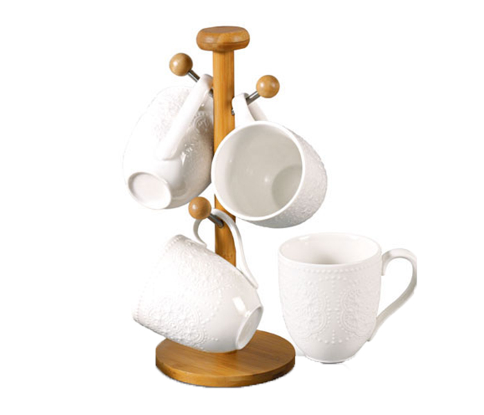 Royalford RF8681 4 Pieces Porcelain Mug Set with Bamboo Stand - White & Brown - Zoom Image 1