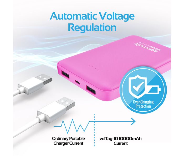 Promate VolTag-10 10000 mAh Compact Portable Charger Power Bank with Dual USB Port, Pink - Zoom Image 4