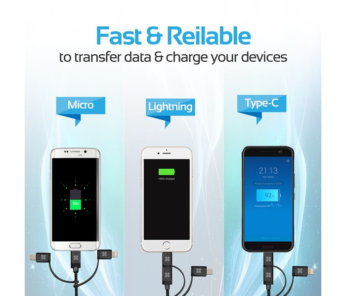 Promate UniLink-Trio 3 in 1 Triple Head Data and Charge Cable with Lightning, Type-C, and Micro-USB Connectors - Grey - Zoom Image 2