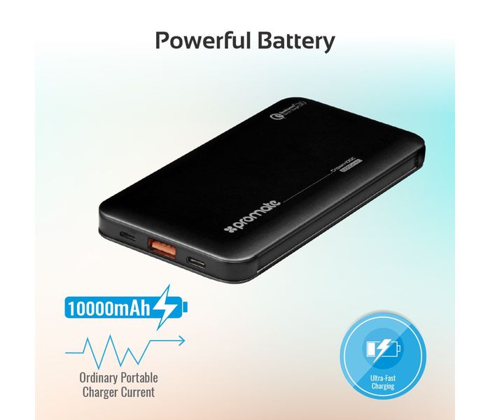 Promate Crown-10QC 10000 mAh Portable Power Bank with 18W USB Type C Charging Port, Black - Zoom Image 1