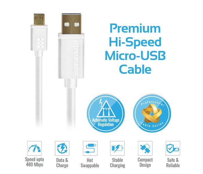 Promate LinkMate-U2 Premium USB to Micro-USB 2.0 flexShield Copper Cable for Mobile Phones - White - Zoom Image 1