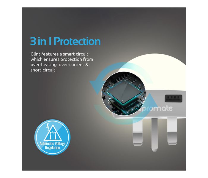 Promate Glint.UK 2.1A Dual Port USB Mains Wall Charger with LED Night Light, White - Zoom Image 4