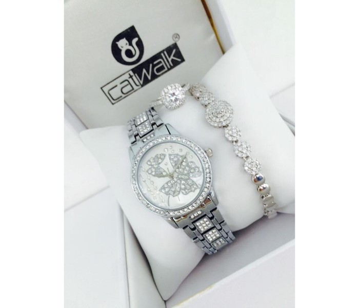 Catwalk CW-2200P Genuine Quality Fashionable Cz Womens Watch with Beauty Bracelet and Ring Silver - Zoom Image