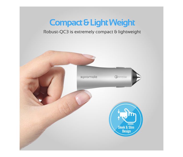 Promate Robust-QC3 Car Charger with Qualcomm Quick Charge 3.0 Dual USB Port, Silver - Zoom Image 3