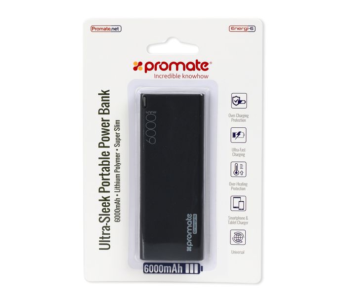 Promate Energi-6 6000 mAh Ultra Compact Portable Power Bank with 2.1A USB Port, Black - Zoom Image 6