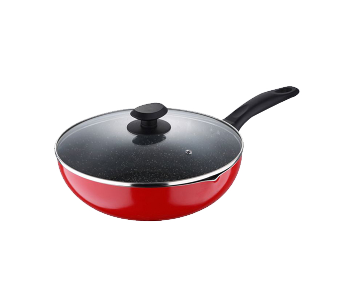 Royalford RF8513 24Cm Long Handle Non Stick Wokpan with Glass Lid - Red - Zoom Image