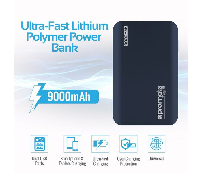 Promate Tag-9 9000 mAh Portable Charger Power Bank with Dual USB Port 4.2A Output, Blue - Zoom Image 1