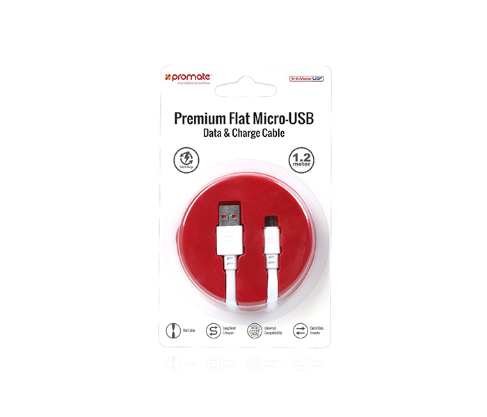 Promate Linkmate-U2F2 Flat Micro-USB Sync & Charge Cable - White - Zoom Image 7