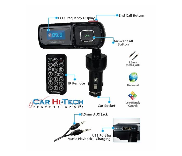 Promate CarMate.5 Wireless Multi-Function Hands-free Bluetooth FM Transmitter Car Kit - Black - Zoom Image 1