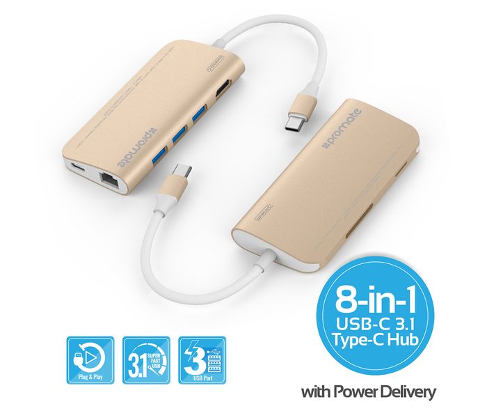 Promate Corehub-C USB 3.1 Type-C Hub CorHub-C, Gold - Zoom Image 1