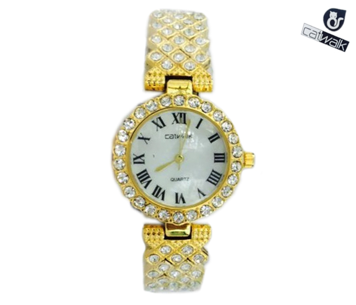 Catwalk CW-191 Genuine quality Fashionable Cz Watch For Women Gold and White - Zoom Image