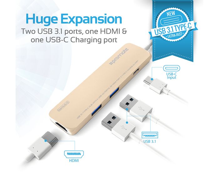 Promate Barhub-C USB Type-C Hub, Gold - Zoom Image 2