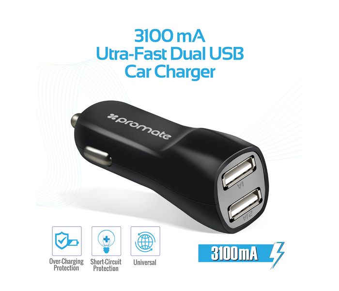 Promate Vivid 3100mAh Dual USB Car Charger, Black - Zoom Image 2