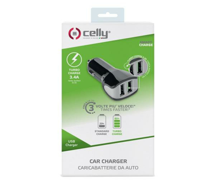 Celly CC2USBTURBOBK 3.4A Dual USB Turbo Car Charger - 1 Meter, Black - Zoom Image 2