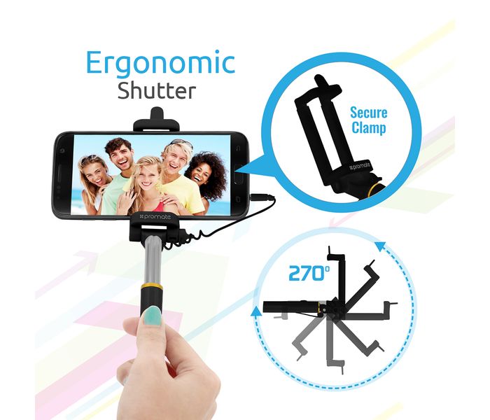 Promate Minipod Perfectly Foldable Extendable Selfie Stick Pole Wire Monopod with Built-in Remote Shutter, Black - Zoom Image 4