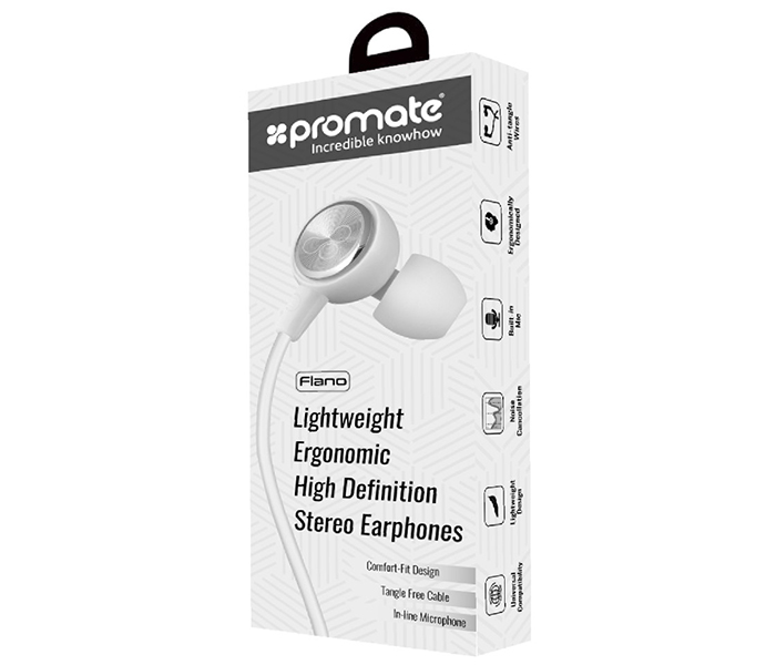 Promate Flano Lightweight Ergonomic High Definition Stereo Earphones - White - Zoom Image 4