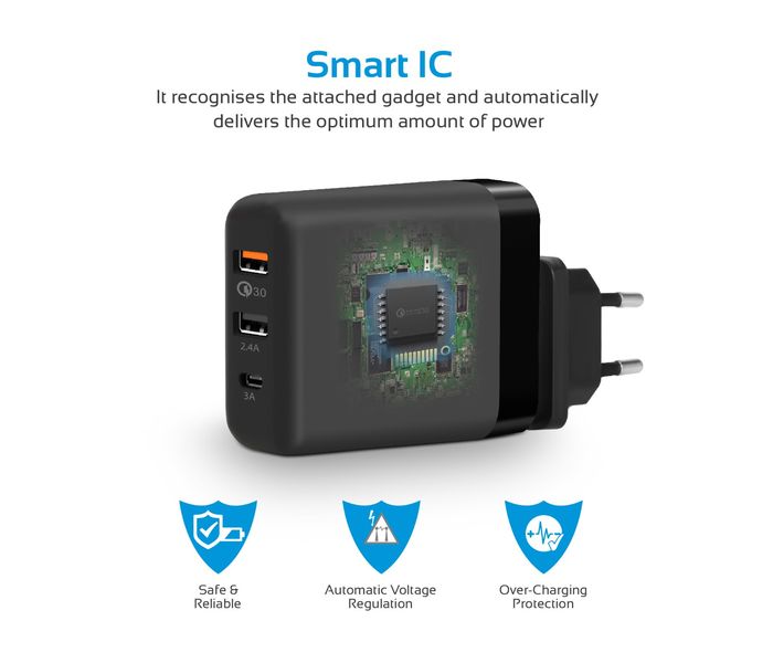 Promate PowerHub-QC.EU 30W Quick Charging Universal USB C Wall Charger, Black - Zoom Image 3