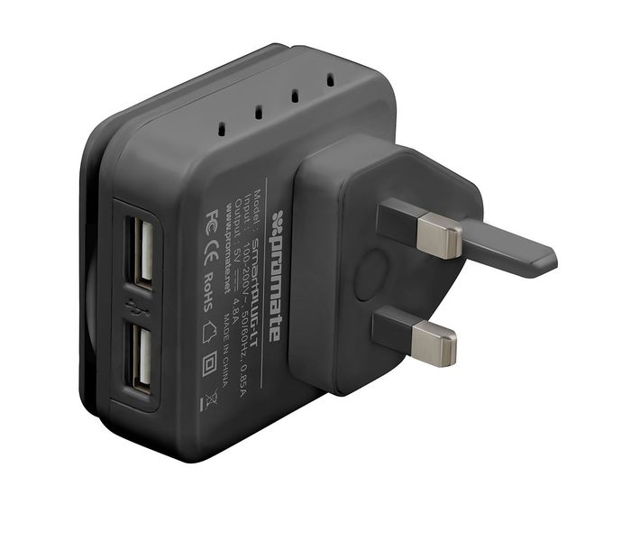 Promate SmartPlug-LT 4.4A Fast Wall Charger with Dual USB Port, Black - Zoom Image 3