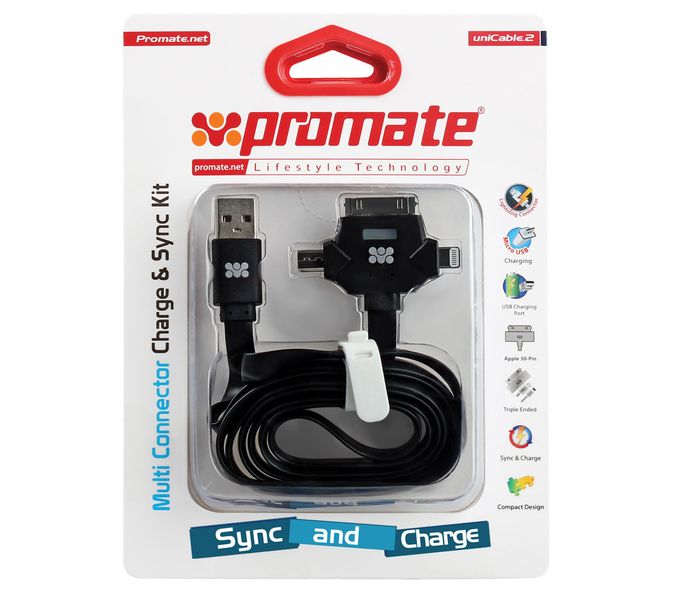 Promate UniCable-2 3-in-1 Multi Connector Flat Sync Charge Cable - Black - Zoom Image 2