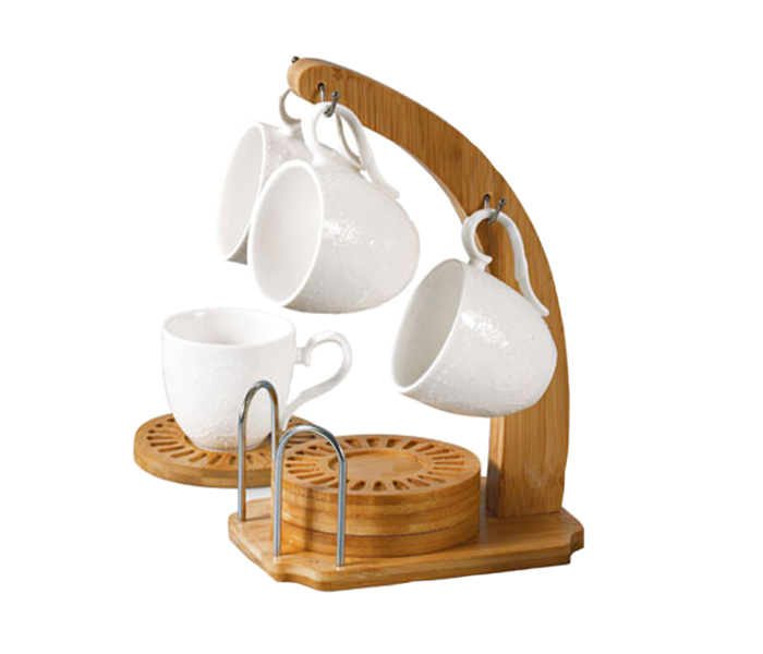 Royalford RF8679 Porcelain Tea Sets with Bamboo Stand - White & Brown - Zoom Image 2