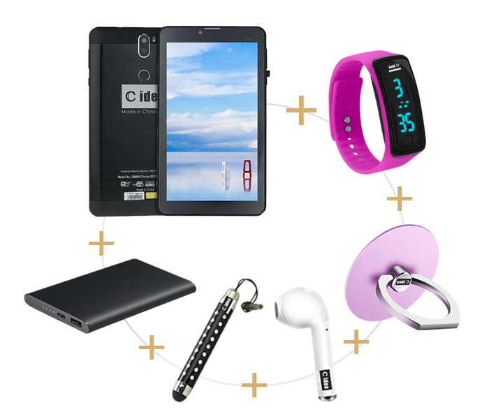 C idea CM488 7 Inch Dual Sim 2GB RAM 16GB Internal Memory Android 4G LTE Tablet With Combo of Power Bank, Airpod, Finger Holder, Touch Pen and LED Watch Black - Zoom Image