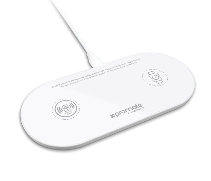 Promate AuraBase-2 Dual Fast Wireless 3 in1 Charger Pad for iPhone - White - Zoom Image 2