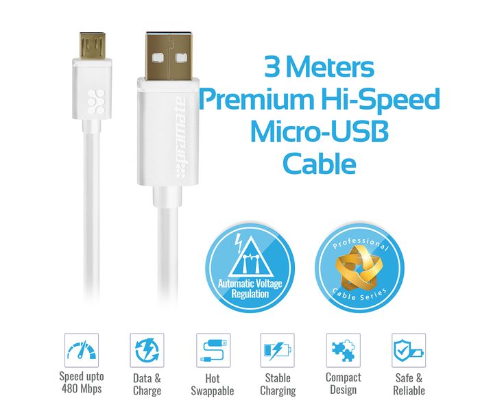 Promate LinkMate-U2L Premium Hi-Speed Micro-USB 2.0 Cable - White - Zoom Image 2