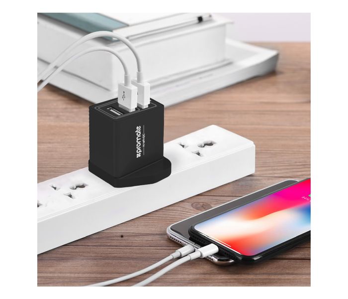 Promate Kraft-QC-UK 30W Quick Charge QC 3.0 Wall Charger with 3 USB Ports, Black - Zoom Image 7