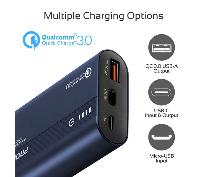 Promate Powertank-10 Portable 10000mAh with Qualcomm QC 3.0 and Over Charging Protection - Blue - Zoom Image 6