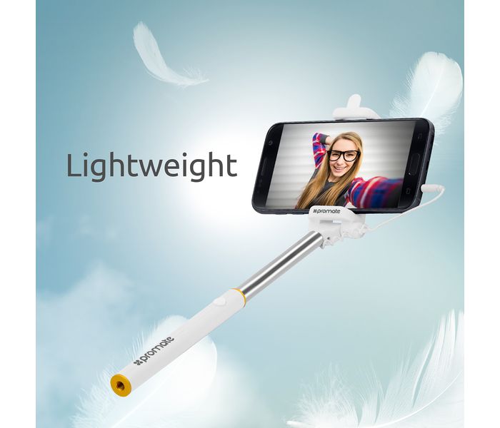 Promate Minipod Perfectly Foldable Extendable Selfie Stick Pole Wire Monopod with Remote Shutter, White - Zoom Image 1