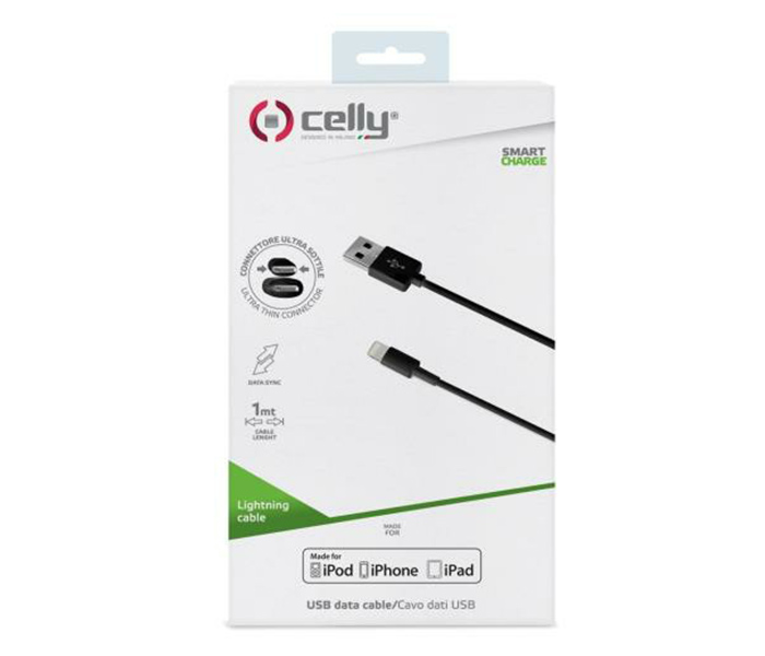 Celly USBLIGHT MFI Slim Tip Lightning USB Cable - 1 Meter, Black - Zoom Image 1