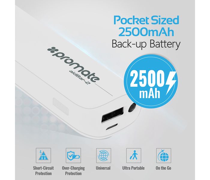 Promate Aid Bar-2 2500 mAh Ultra Compact Universal Power Bank, White - Zoom Image 1