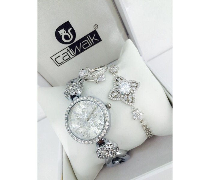 Catwalk CW-1600P Genuine Quality Fashionable Cz Womens Watch with Beauty Bracelet and Ring Silver - Zoom Image