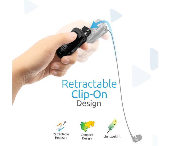 Promate Retrax-2 Bluetooth Headset Stereo Retractable Earphone with Clip-On Multi-Point Wireless Headset, Black - Zoom Image 1