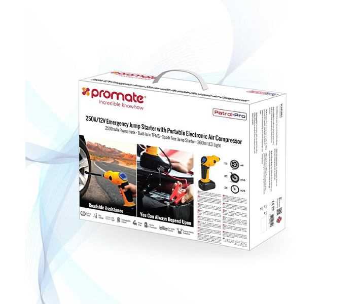 Promate PATROL-PRO.UK 250A/12V Emergency Jump Starter with Portable Electronic Air Compressor - Orange - Zoom Image 5