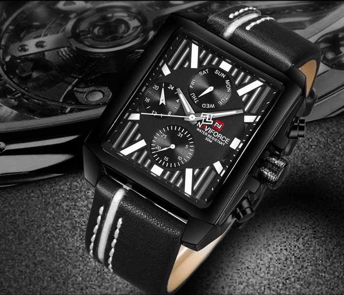 Naviforce 9111 Men Luxury Chronograph Leather Starp Watch - BLACK - Zoom Image 2