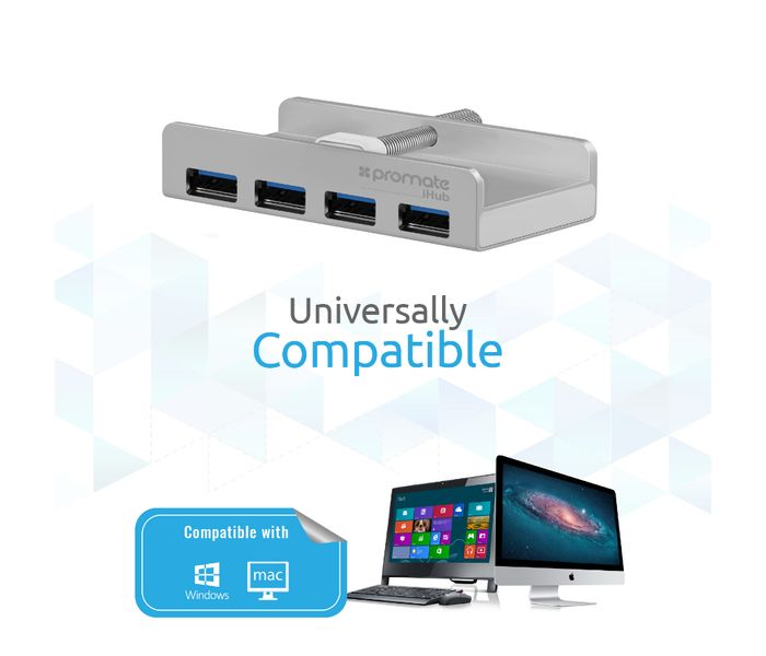 Promate Ihub USB 3.0 4 Port Aluminium Mountable Ultra-Fast Hub, Silver - Zoom Image 3