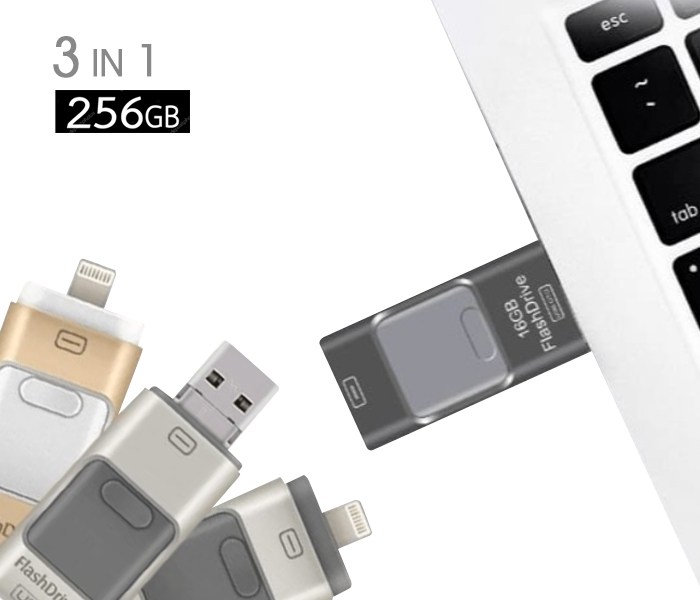 MQ Universal 3 in 1 USB Flash Drive with i-flash OTG 256 GB For Android, iOS, Laptop & PC - Multicolor - Zoom Image 1