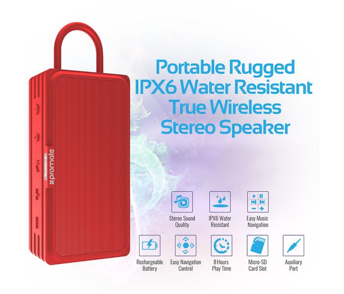 Promate Rustic-3 10W IPX6 Waterproof Wireless Speaker with Micro SD Card Slot - Red - Zoom Image 1