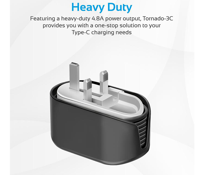 Promate TORNADO-3C USB 3.1 Type-C Home Charger with Cable organizer - Black - Zoom Image 1