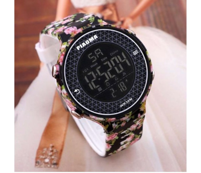 Piaoma PM2751 Floral Design Multifunction Digital Silicone Band Watch for Women - Black - Zoom Image