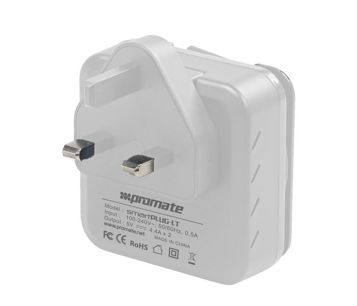 Promate SmartPlug-LT 4.4A Fast Wall Charger with Dual USB Port, White - Zoom Image 1