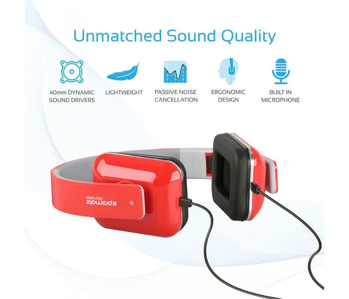 Promate Sonata Foldable Over-The-Ear Wired Stereo Headset, Red - Zoom Image 2