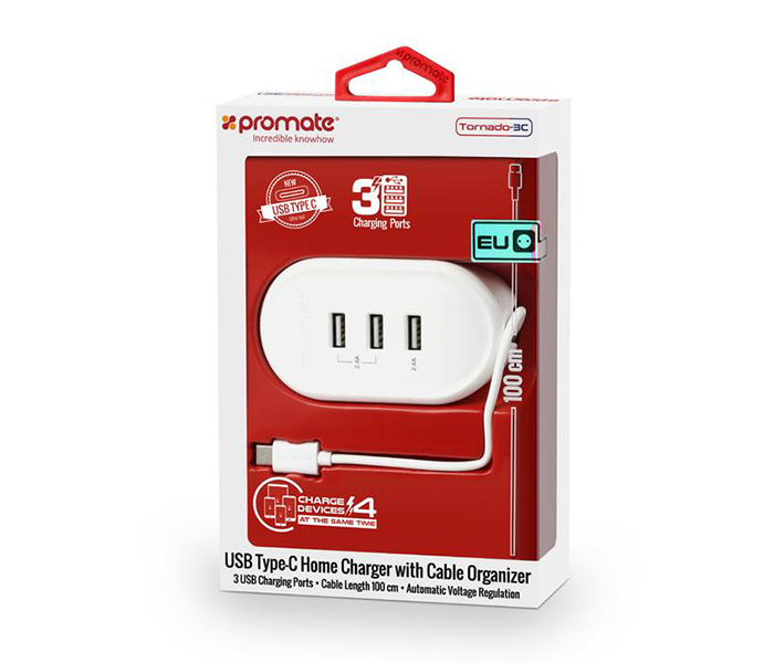 Promate TORNADO-3C USB 3.1 Type-C Home Charger with Cable organizer - White - Zoom Image 5