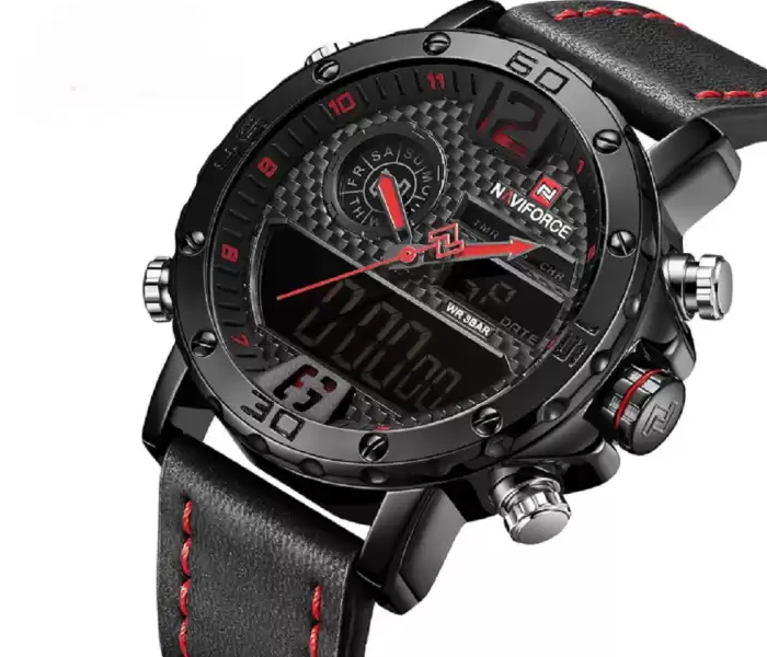 Naviforce 9134 Men Analog-Digital Leather Starp Watch - Red - Zoom Image 2