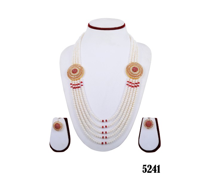 Netra Pearl 5241 Long Pearl Set with  Earrings White and Red - Zoom Image