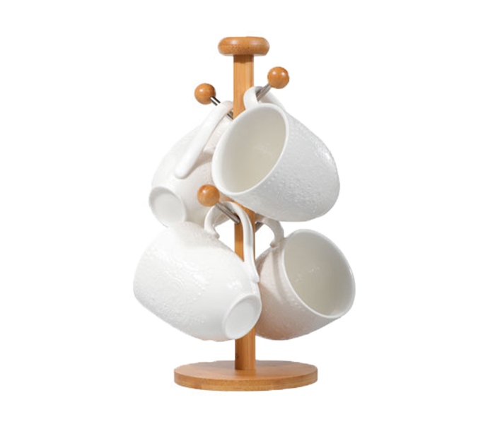 Royalford RF8681 4 Pieces Porcelain Mug Set with Bamboo Stand - White & Brown - Zoom Image 2